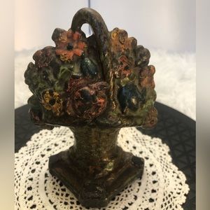 Antique Cast Iron Doorstop Fruit and Flowers Basket